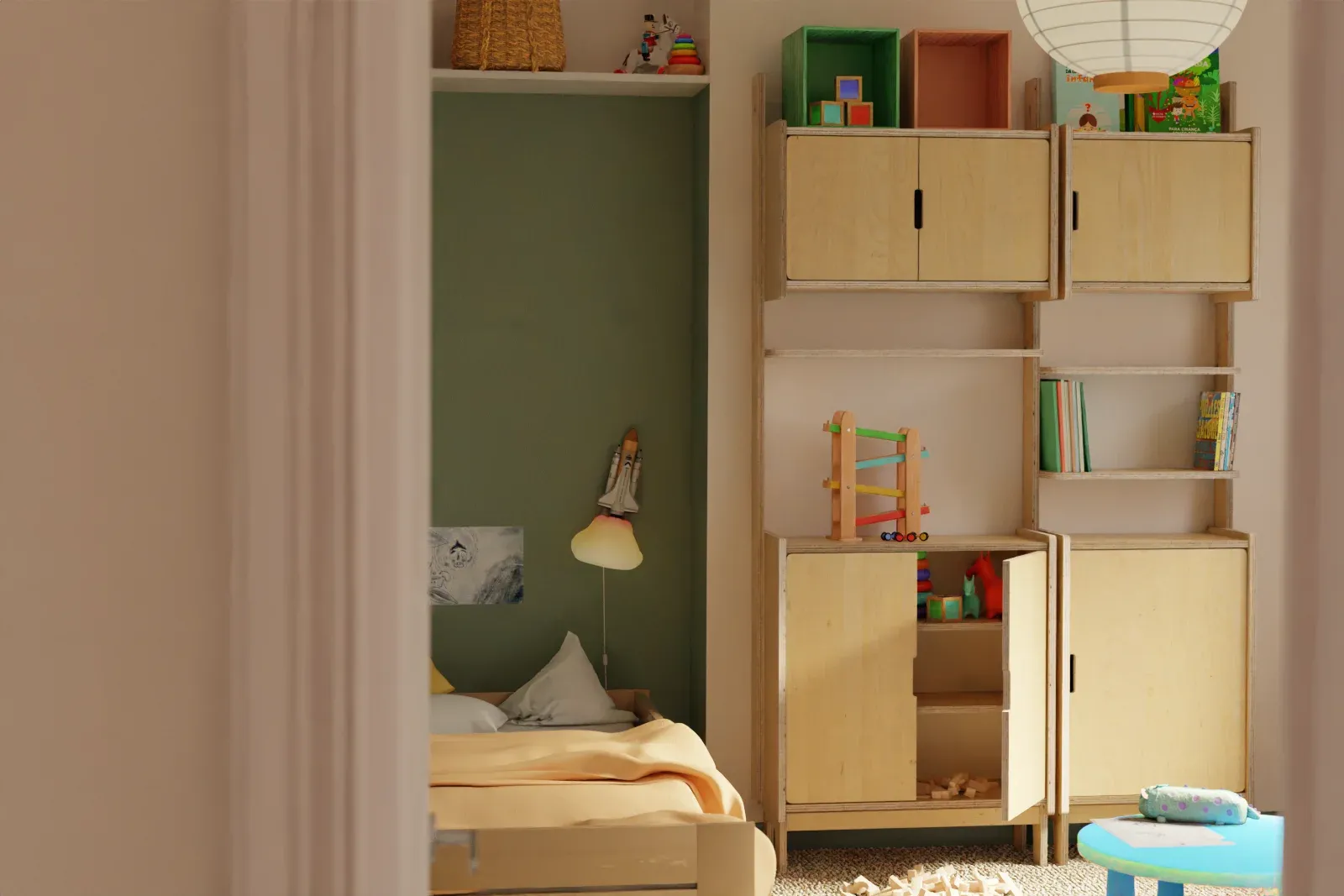 Chambre d’enfant au mur vert : WALL_ter de 202 cm de haut, armoires à portes en bas, tablettes de livres et de jouets au-dessus