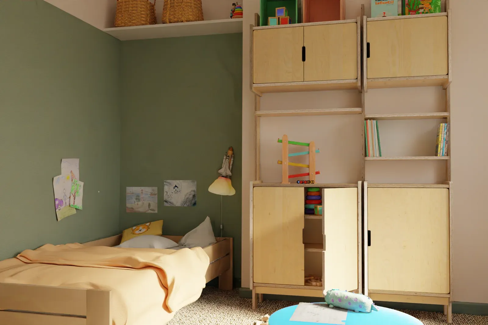 Vue d’ensemble de la chambre, le lit le long du mur et la configuration dans l’angle