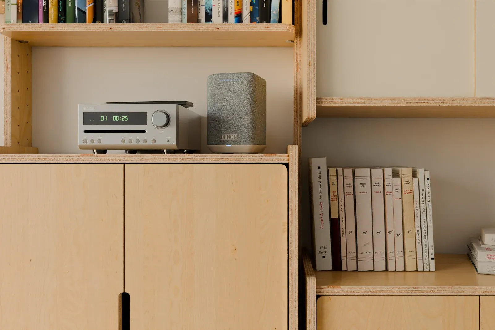 Détail : armoire à porte double, tablette avec un ampli et une enceinte